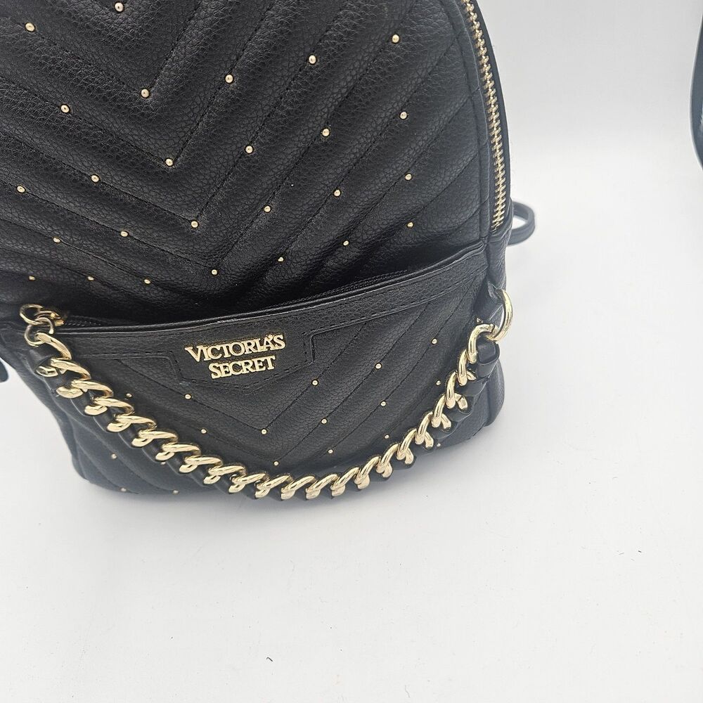 Victoria's Secret V Quilt Mini Backpack Black Gold Chain Studded Bag - Picture 3 of 12
